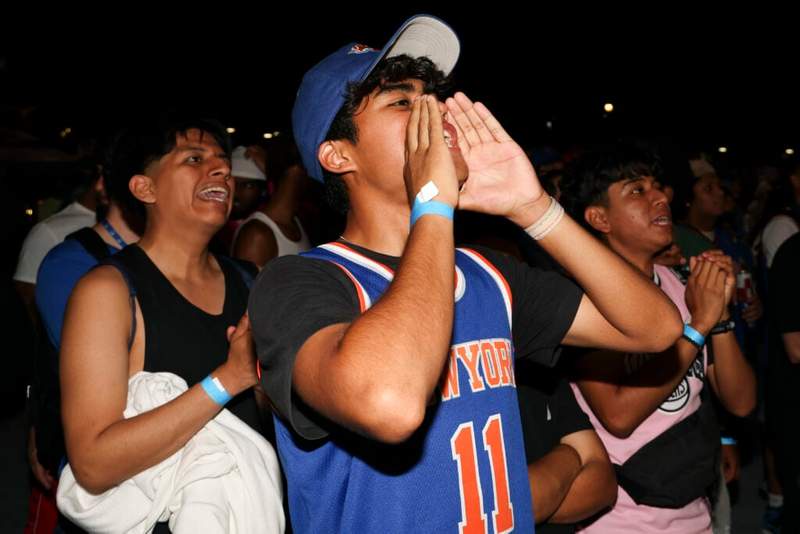 Image from: Timothee Chalamet and Kylie Jenner lead Knicks fan celebrations outside MSG after Game 4