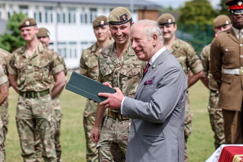 Image from: King Charles jokes as he meets Grenadier Guards ahead of Trooping the Colour: 'No drinking tonight!'