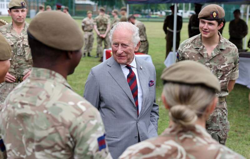 Image from: King Charles jokes as he meets Grenadier Guards ahead of Trooping the Colour: 'No drinking tonight!'