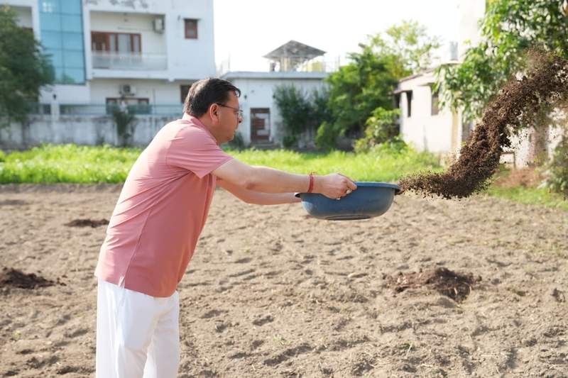 Image from: Uttarakhand CM Dhami promotes organic farming, ploughs field at private residence in Khatima