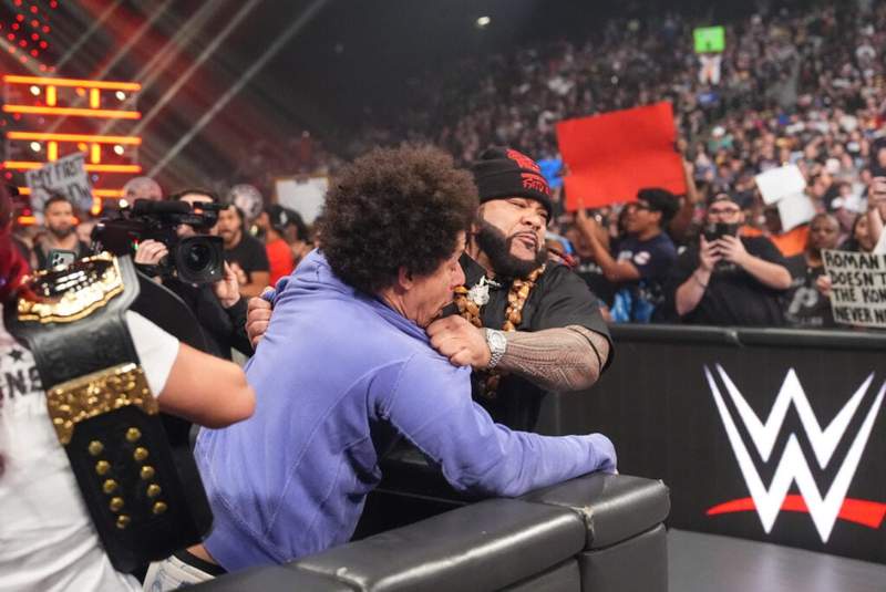 Image from: Comedian Eric Andre paid the price on WWE Raw after Roman Reigns gave Jacob Fatu the green light