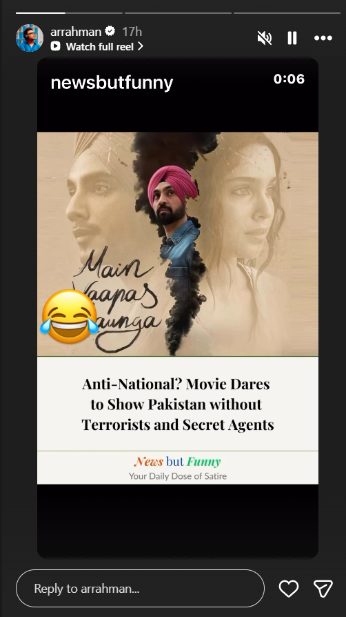 Image from: AR Rahman laughs off viral post mocking "anti-national" comment on Imtiaz Ali's 'Main Vaapas Aaunga'