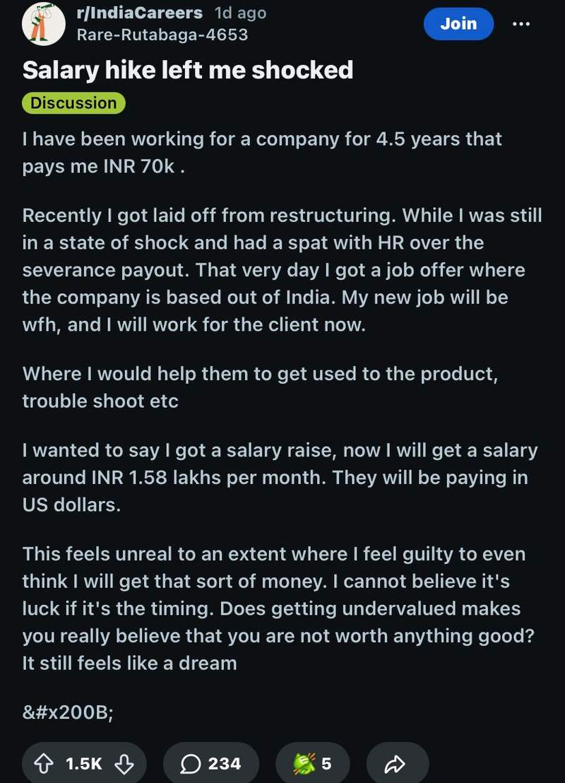Image from: Laid off after 4.5 years, employee left stunned as salary jumps from Rs 70,000 to Rs 1.58 lakh