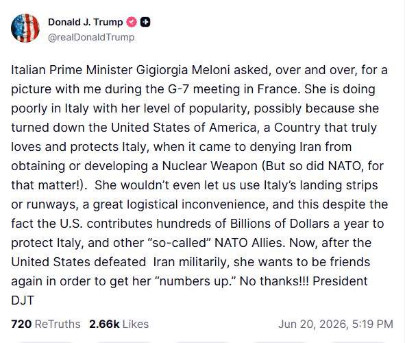 Image from: "She wants to get her numbers up": Trump criticizes Meloni over foreign policy, reiterates photo remark