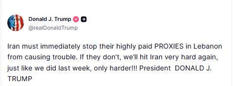 Image from: Stop Lebanon proxies or US will hit "very hard again", Trump warns Iran amid peace talks in Switzerland