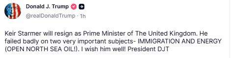 Image from: Trump says UK PM Starmer will resign after "failing badly" on immigration, energy