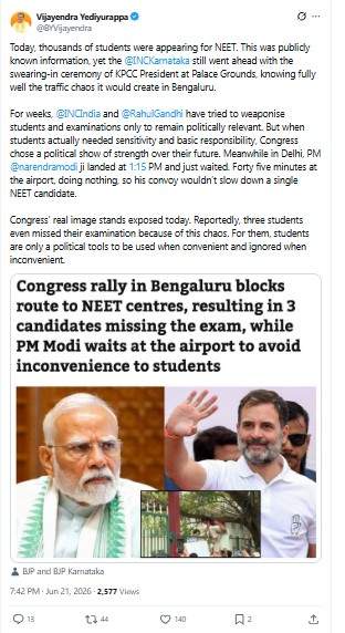 Image from: "Congress chose political show of strength over students' future": BJP's Vijayendra on Bengaluru traffic during NEET exam