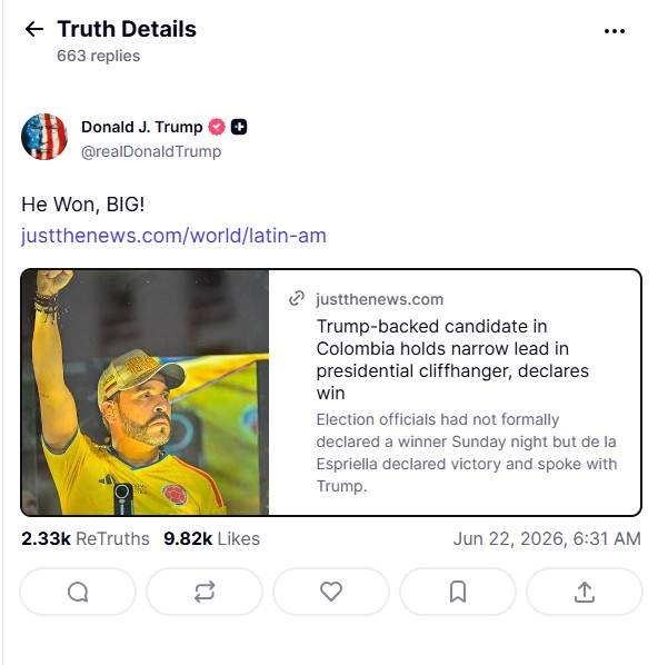 Image from: "He won, big!": Trump congratulates Colombia president-elect Abelardo de la Espriella