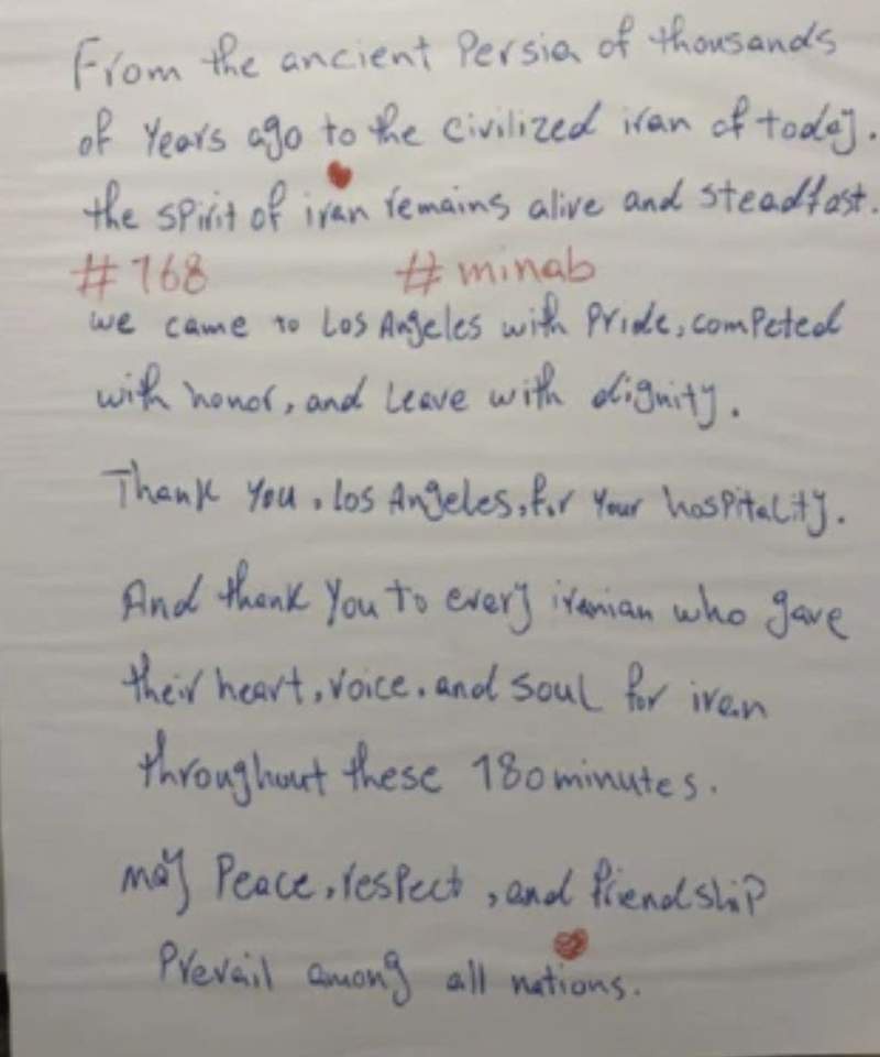 Image from: Iran football team leave note in tribute to dead schoolgirls after World Cup clash in Los Angeles