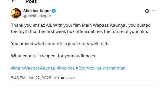 Image from: "Busted myth that 1st week box office defines future of film": Shekhar Kapur praises Imtiaz Ali's 'Main Vaapas Aaunga'