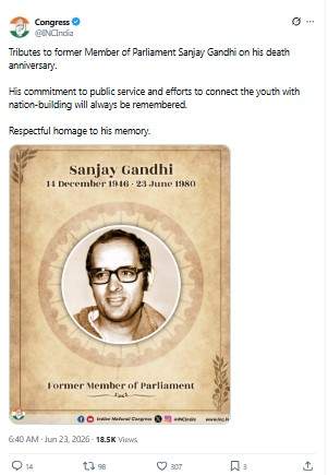 Image from: "Will always be remembered": Congress pays homage to Sanjay Gandhi on 46th death anniversary