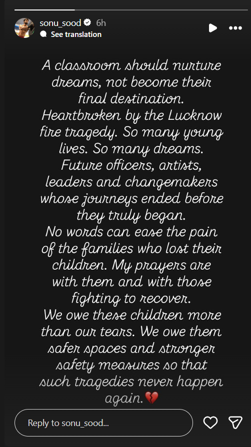 Image from: "A classroom should nurture dreams, not become their final destination...": Sonu Sood reacts to Lucknow fire tragedy