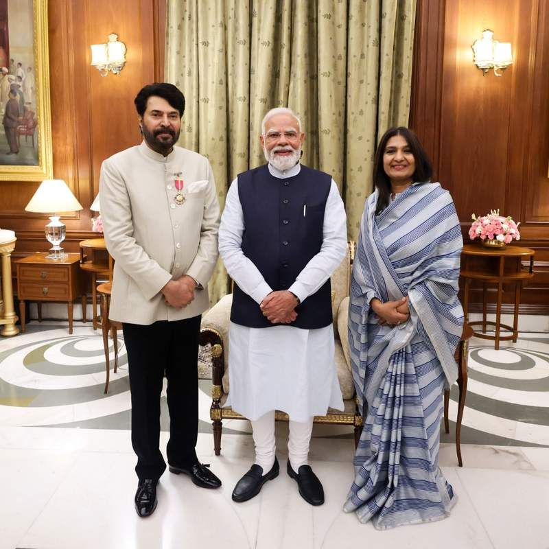 Image from: PM Modi meets Mammootty, his family after Padma Awards ceremony