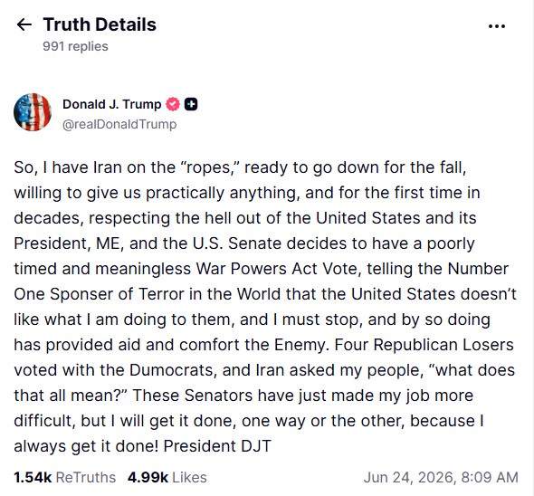Image from: "Made my job more difficult": Trump blasts US Senate over resolution limiting war powers, says provided "aid and comfort" to Iran