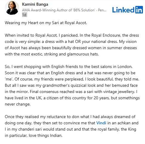 Image from: ’Somethings never change’: UK citizen for 20 years, Indian-origin author decides to wear sari at Royal Ascot