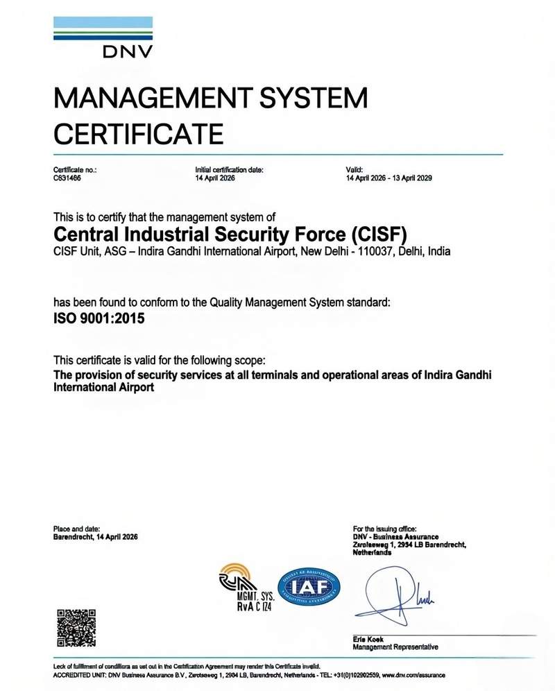 Image from: Global gold standard: CISF secures ISO 9001:2015 certification at Delhi's IGI Airport
