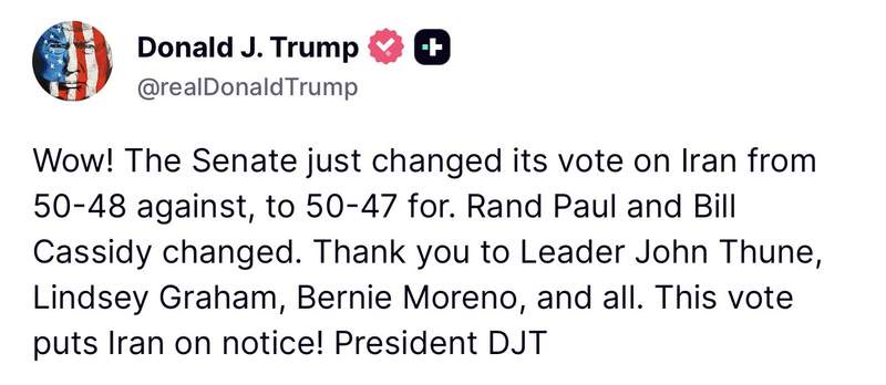 Image from: "This vote puts Iran on notice !": Trump hails Senate reversal on war powers measure