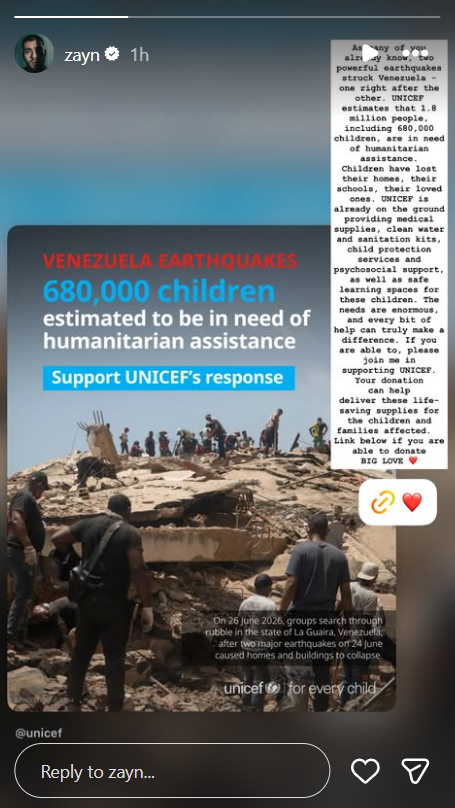 Image from: Zayn Malik urges fans to support UNICEF humanitarian relief efforts in Venezuela following earthquakes