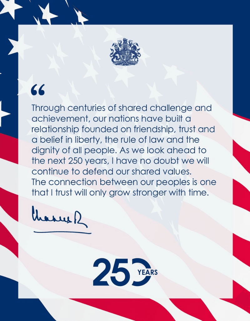 Image from: King Charles releases statement celebrating 'shared challenge and achievement' with America