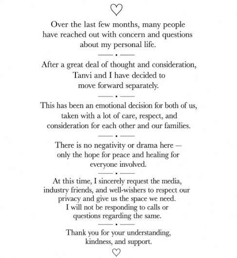 Image from: "Emotional decision for us": Actor Adittya Kappadia shares he, his wife Tanvi Thakkar are now separated