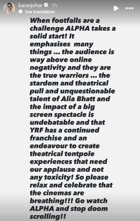 Image from: Karan Johar defends Alia Bhatt's 'Alpha', says "audience above online negativity and true warriors"