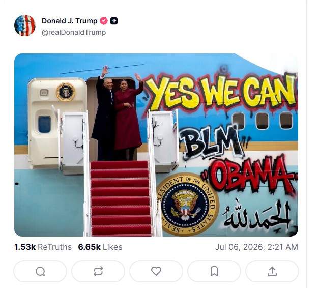 Image from: Trump shares doctored image of Obama and Michele with Graffiti-covered Air Force One