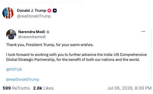Image from: Trump reshares PM Modi's wishes on 250th anniversary of US independence