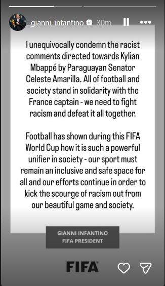 Image from: FIFA World Cup 2026: FIFA President Infantino condemns racist remarks against France skipper Mbappe