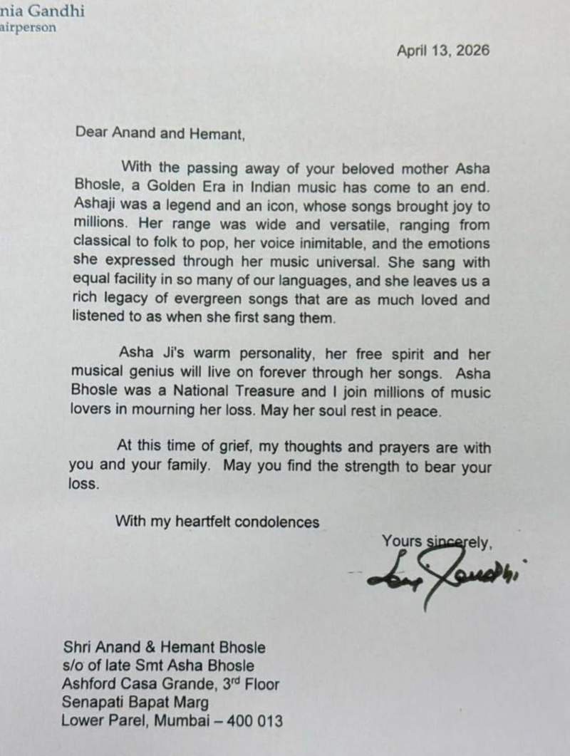 Image from: "Golden era in Indian music has come to an end": Sonia Gandhi pays tribute to Asha Bhosle after singer's demise