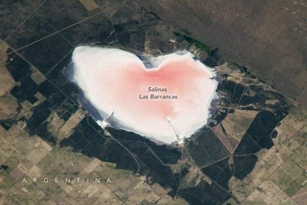 Image from: Astronaut Captures Rare Pink Heart Lake in Argentina from Space That Turns Brighter as the Water Disappears
