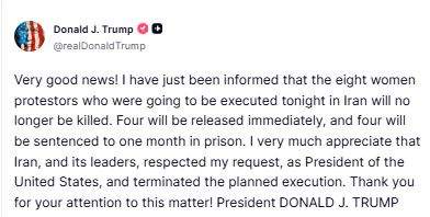 Image from: Trump claims Iran halts execution of women protestors after his request