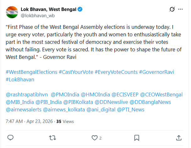 Image from: "Sacred festival of democracy": Governor Ravi urges youth, women to lead voter turnout as West Bengal votes in Phase 1