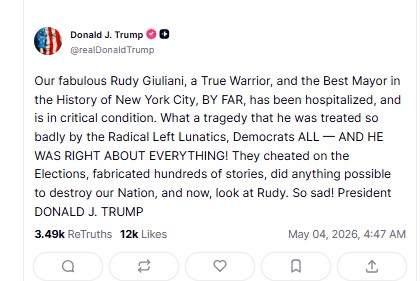 Image from: Former mayor of New York Rudy Giuliani hospitalised in Florida; Spokesman says in 'critical but stable condition'