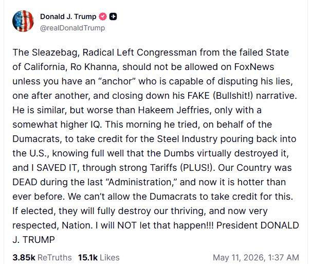 Image from: Democratic Rep. Ro Khanna says "that's why I talk to everyone" after Trump attacks him and Fox News