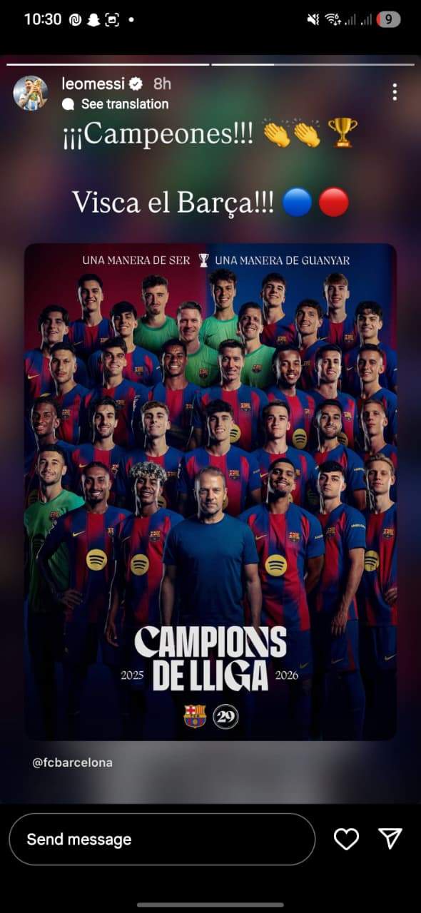 Image from: Lionel Messi congratulates Barcelona on back-to-back La Liga title wins