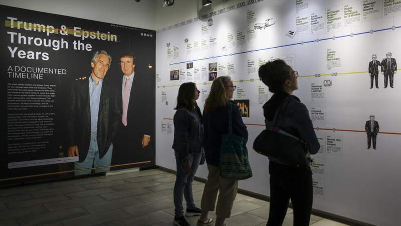 Image from: Trump and Epstein ‘Reading Room’ exhibit in NY offers files on sex offender