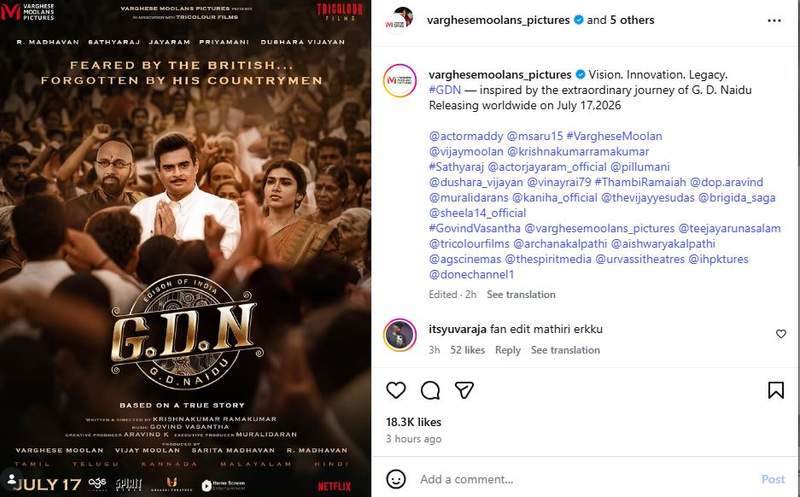 Image from: New poster of R Madhavan as G D Naidu unveiled, film to be out on July 17