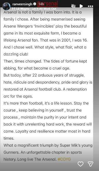 Image from: 'Became a lifelong Arsenal fan in 2001': Ranveer gets nostalgic, slips into fanboy mode after club's historic win