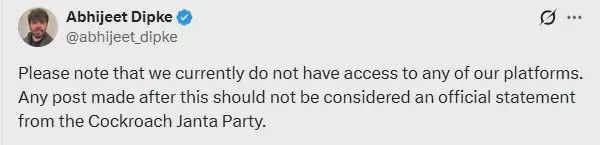 Image from: Cockroach Janta Party founder alleges Instagram account hacked, backup suspended