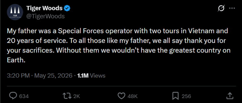 Image from: Tiger Woods shares emotional message paying tribute to father on Memorial Day