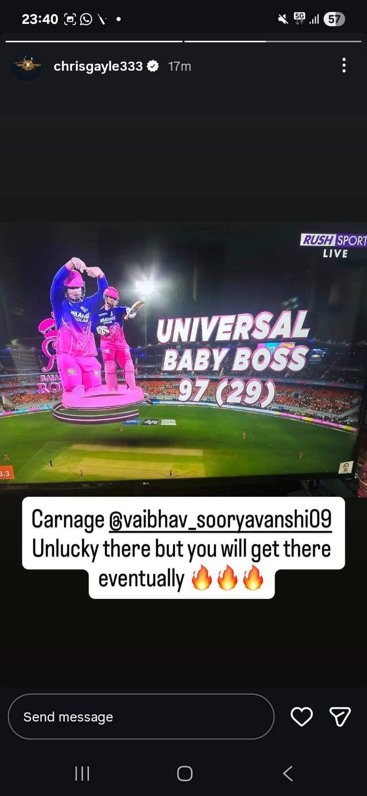 Image from: Chris Gayle hails "new six machine" Sooryavanshi after teenager breaks iconic batter's IPL sixes record