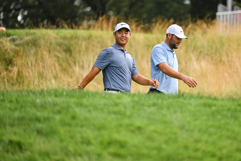 Image from: Tom Kim reacts after sitting top of the leaderboard on the PGA Tour for the first time in two years