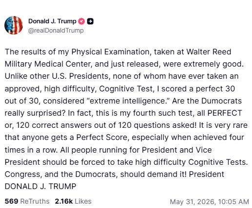 Image from: Trump boasts "extreme intelligence" after release of medical results