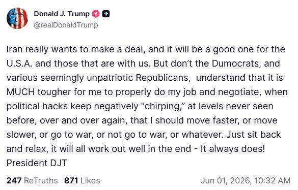 Image from: "Iran really wants to make a deal," says Trump; advises opponents to "sit back and relax"