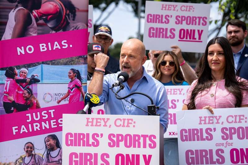 Image from: Trans athlete wins two titles as tempers boil over and protests take place