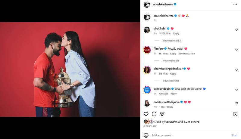 Image from: IPL 2026: Anushka Sharma plants a kiss on Virat Kohli's forehead as they celebrate RCB victory