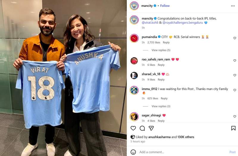 Image from: RCB's IPL victory: Virat Kohli, Anushka Sharma get congratulotry wish from Manchester City