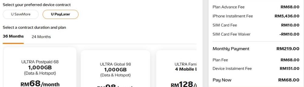 U Mobile iPhone 18 Pro Max 256GB with ULTRA Postpaid 68 over 36 months showing RM151 device instalment, RM219 monthly payment and RM68 advance