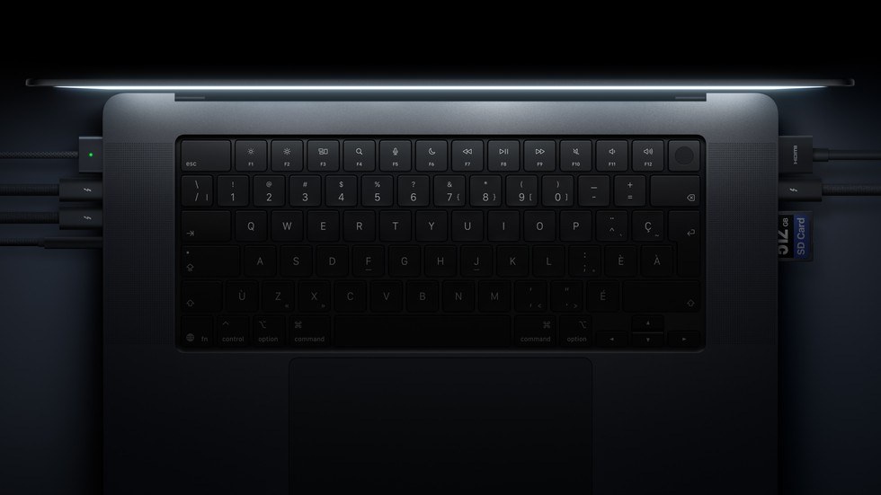 Keyboard and connectivity ports on the Apple MacBook Pro with PROLED XDR Display