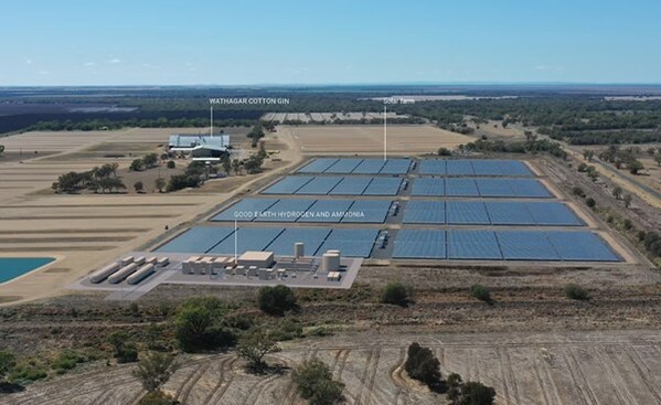 Aerial view of the Good Earth Green Hydrogen and Ammonia (GEGHA) project near Moree, New South Wales, Australia, featuring a 27MW solar farm with Trinasolar's Vertex S+ modules